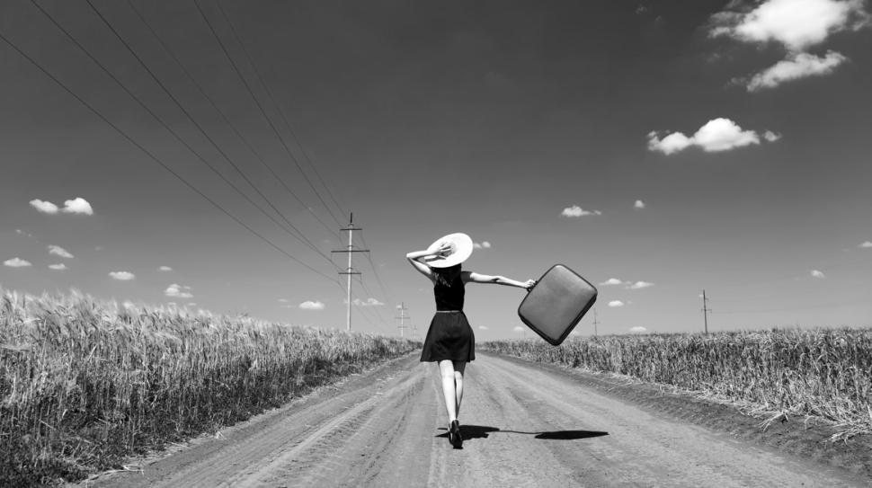 Lonely,Girl,With,Suitcase,At,Country,Road.,Photo,In,Black
