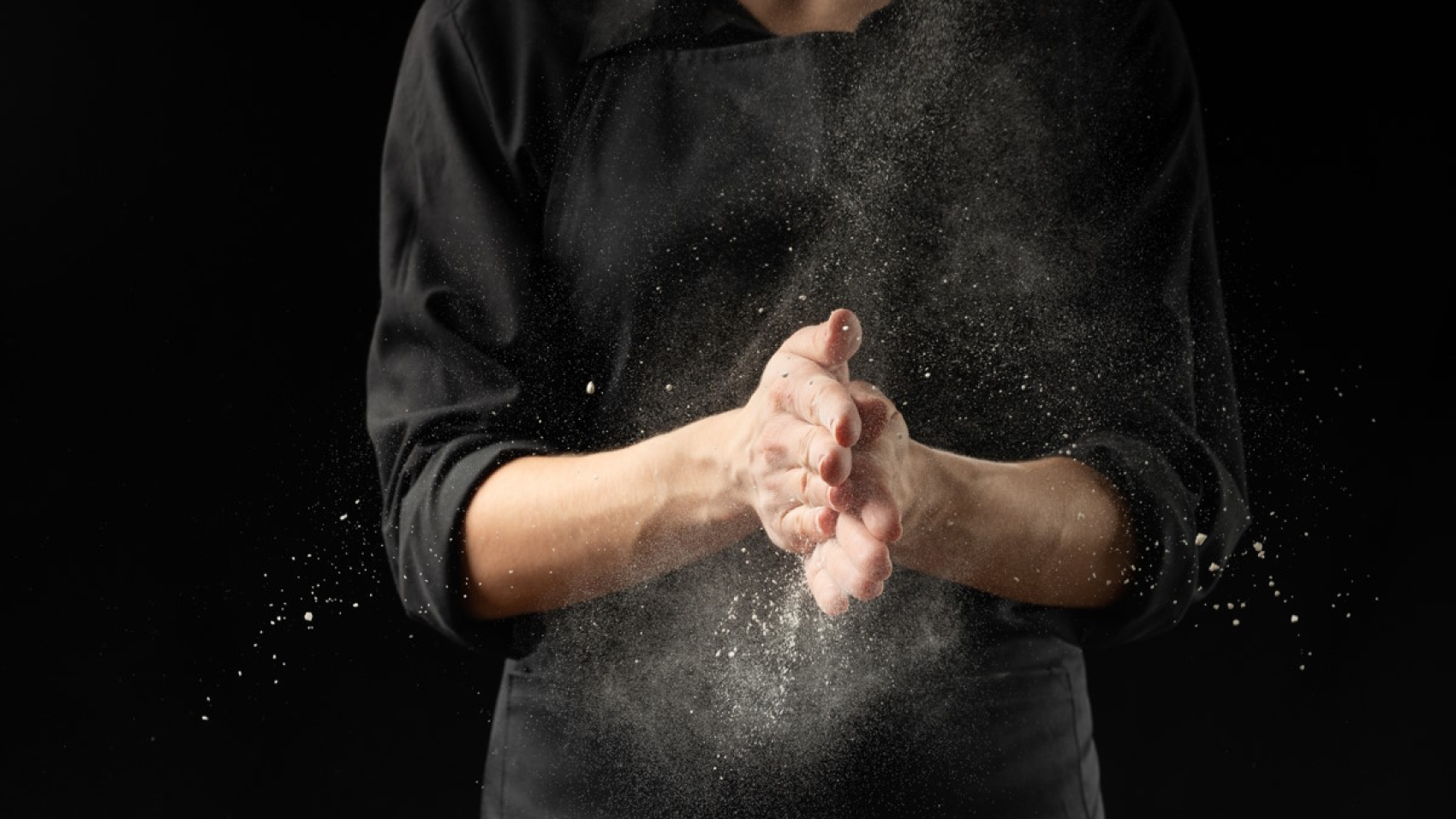 Chef,,Baker,Hands,In,Flour,Over,Black,Background,Banner.,Making