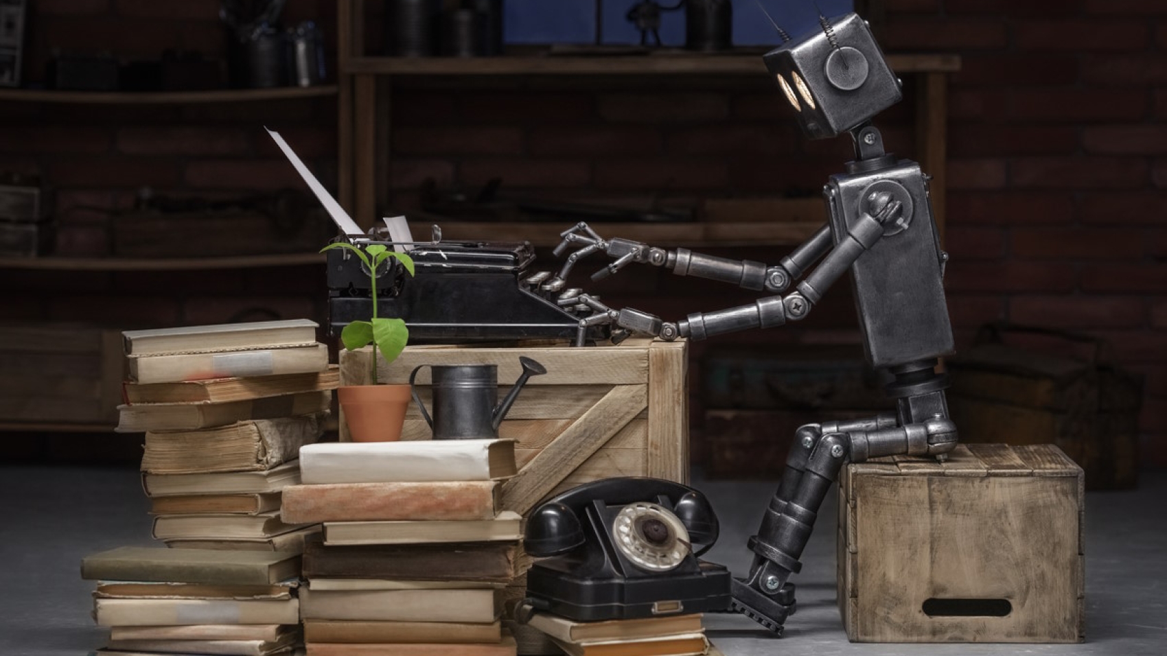 Robot,Reading,A,Book,In,The,Workshop,Of,Its,Creator